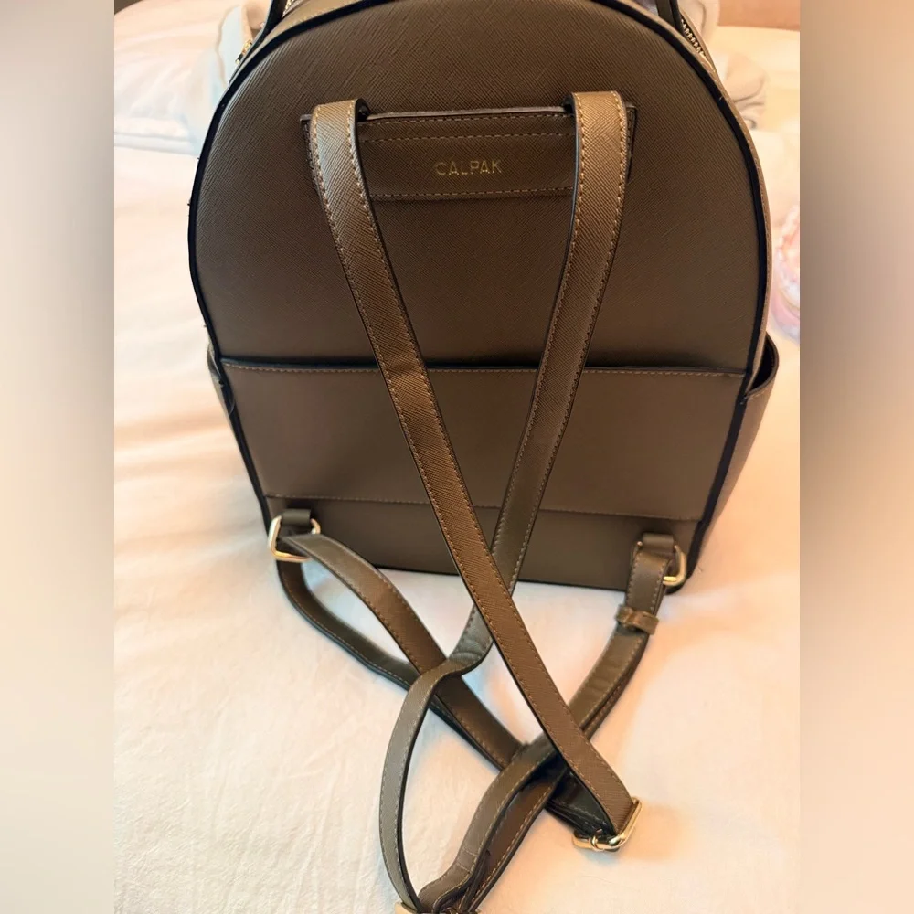 Calpak Taupe Backpack with Black Whipstitch Trim
